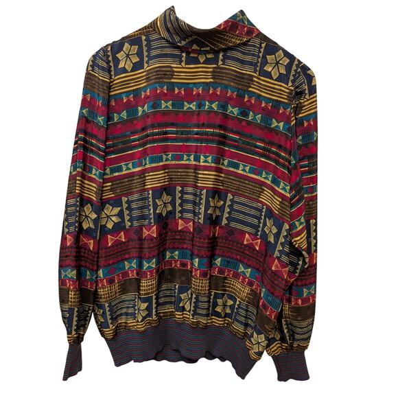 Vintage Ms Russ Union Made Geometric Tribal Print Top Collared Indie Boho Casual - Picture 1 of 6